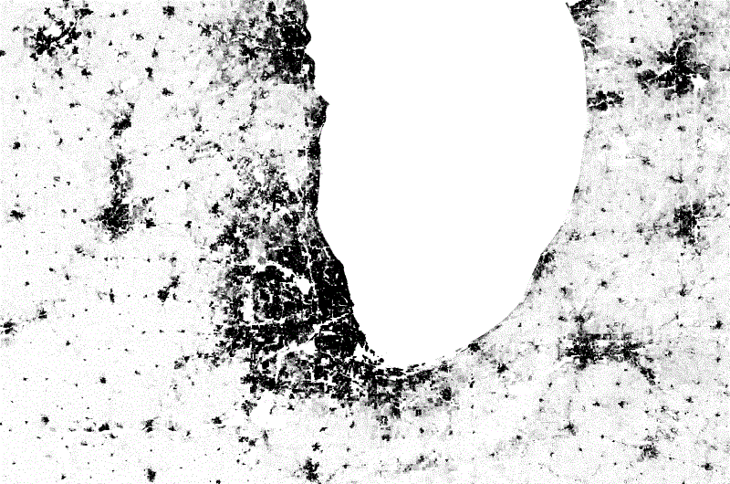 Inset from the Census Dotmap showing Chicago, Madison, and Milwaukee